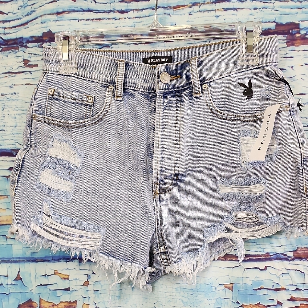 PLAYBOY PACSUN Ripped Light Blue Jean Shorts SIZE 26